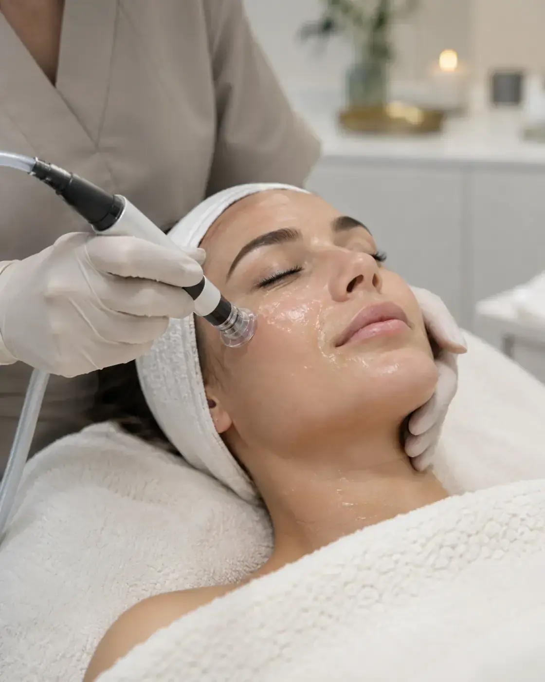 A hydrodermabrasion facial at Perfecta by Marina Stejar, North Scottsdale — the handpiece passing over a serum-covered cheek in gloved hands