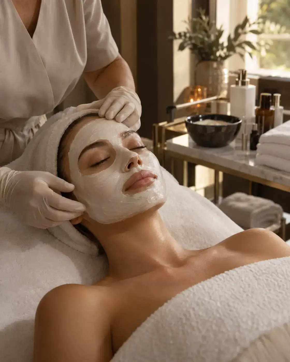 A chemical peel at Perfecta by Marina Stejar, North Scottsdale — a client reclined with a peel layer applied across the face, esthetician in gloved hands