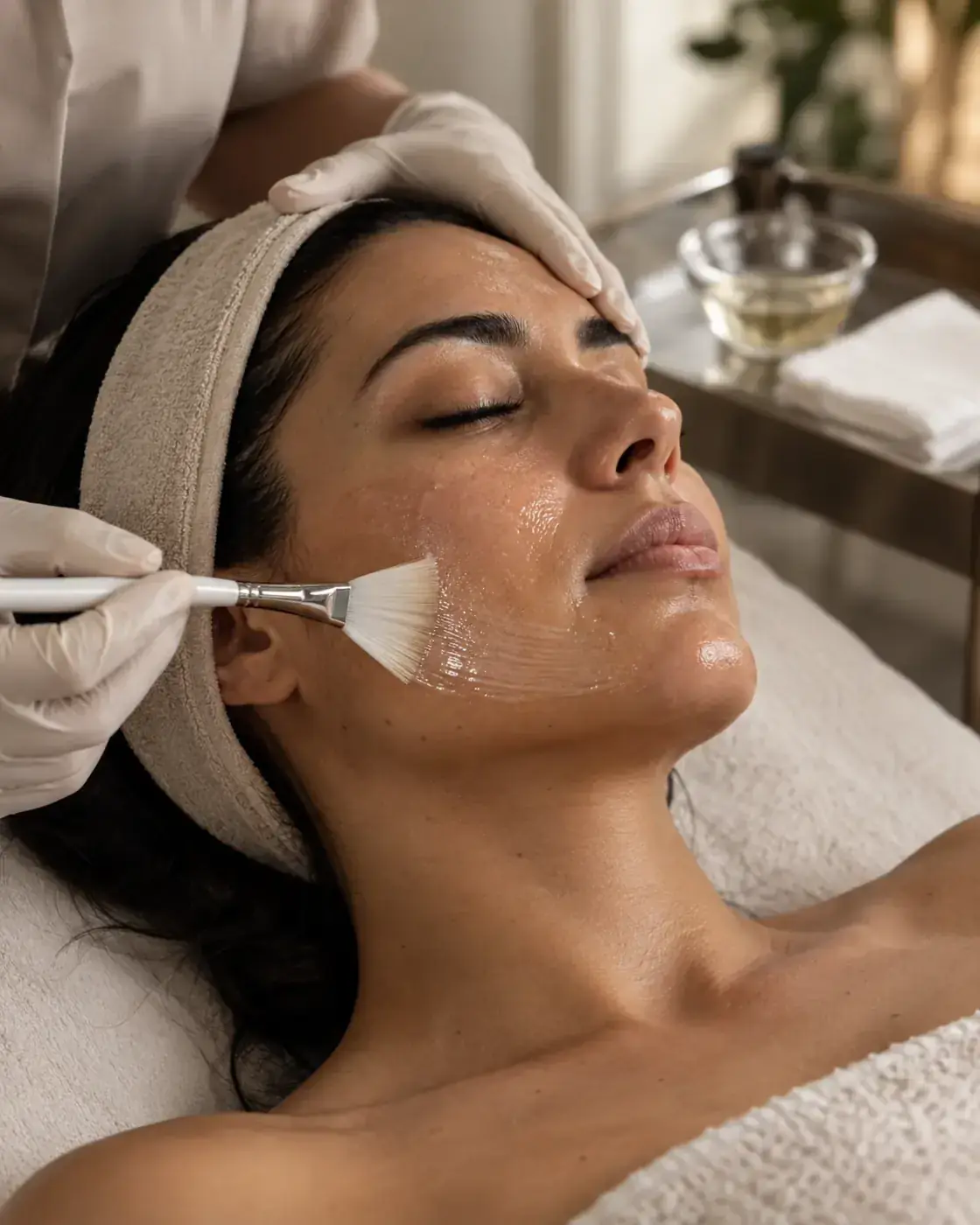 A chemical peel being applied at Perfecta by Marina Stejar, Scottsdale — solution brushed along the jawline with a fan brush, glass dish on the tray