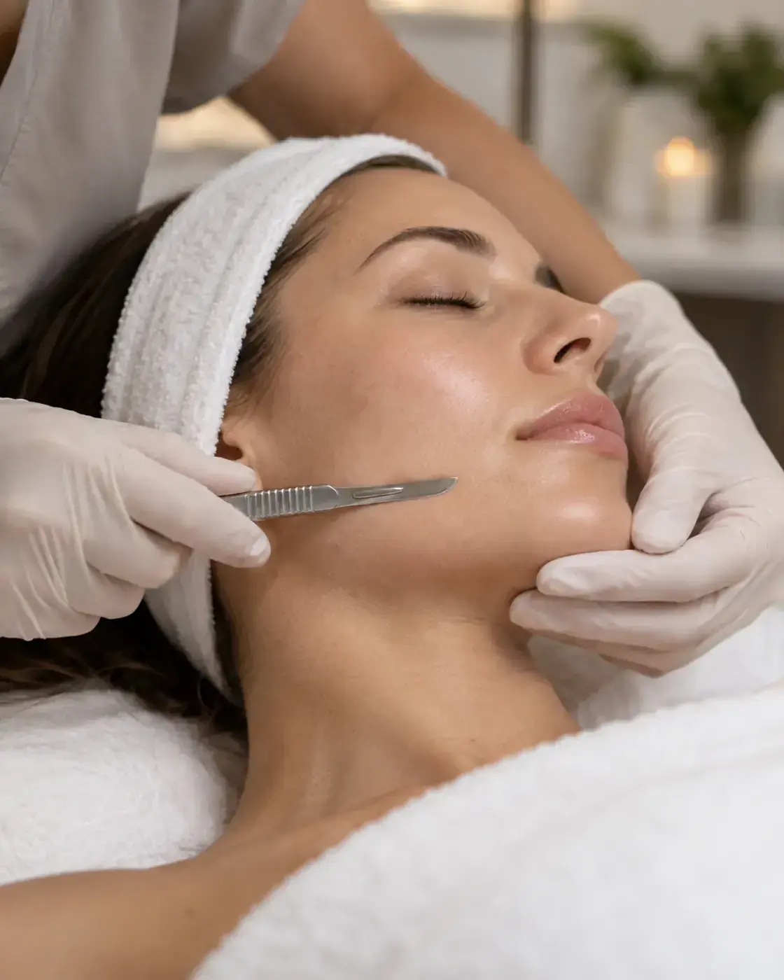 A dermaplaning appointment at Perfecta by Marina Stejar, North Scottsdale — a sterile blade drawn across taut skin along the jaw, gloved hands, calm studio