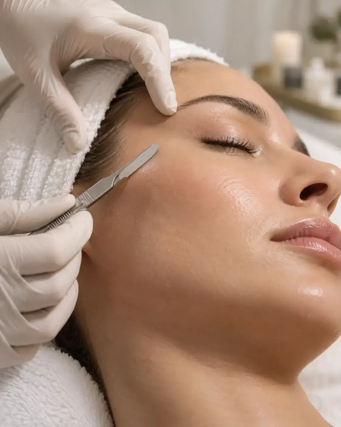 Dermaplaning close up at Perfecta by Marina Stejar, Scottsdale — the blade held at a shallow angle against the cheek with the skin pulled taut