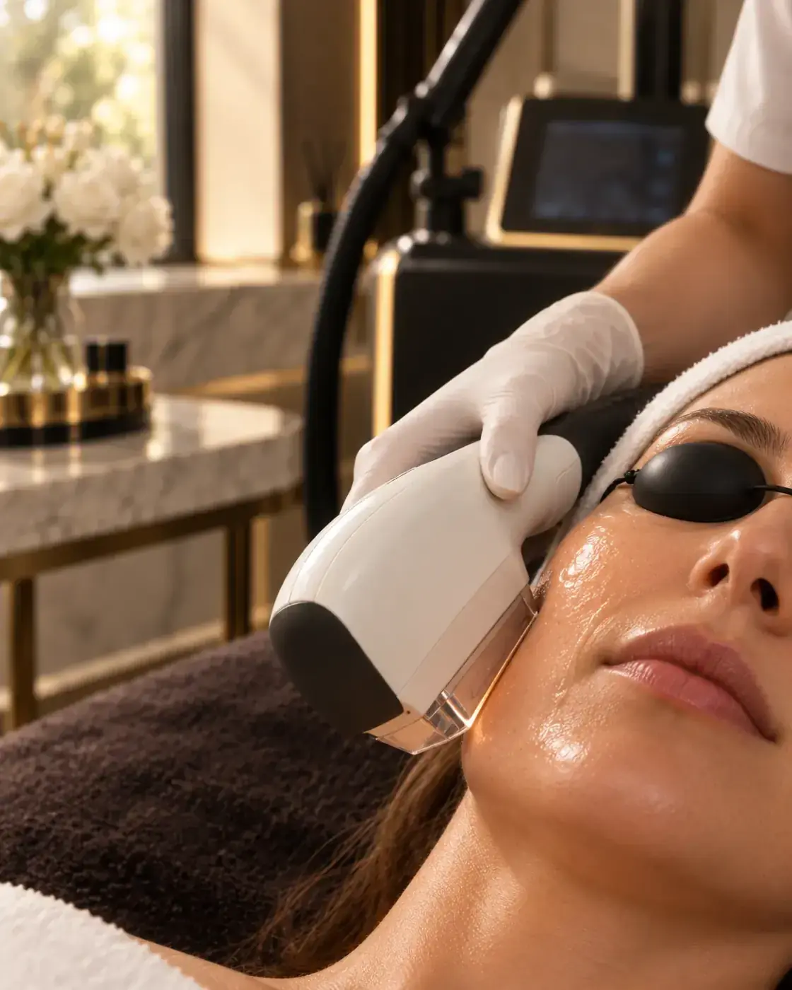 An IPL photofacial in progress at Perfecta by Marina Stejar, Scottsdale — the applicator on the cheek with the client wearing opaque eye shields
