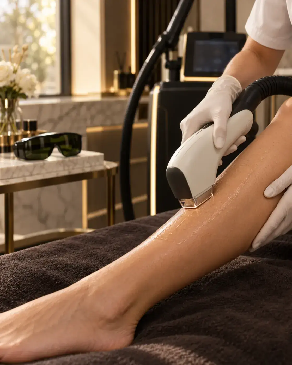 A laser hair reduction session on the lower leg at Perfecta by Marina Stejar, North Scottsdale — chilled handpiece in gloved hands, protective goggles beside the treatment bed