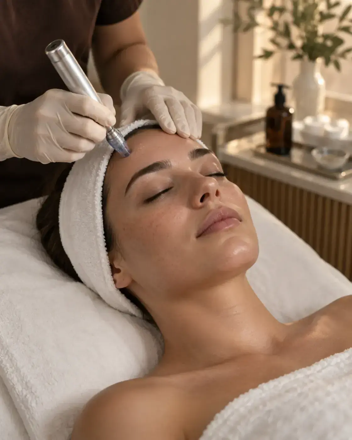 A microneedling appointment at Perfecta by Marina Stejar, North Scottsdale — a motorized microneedling pen worked across the forehead of a reclined client in gloved hands