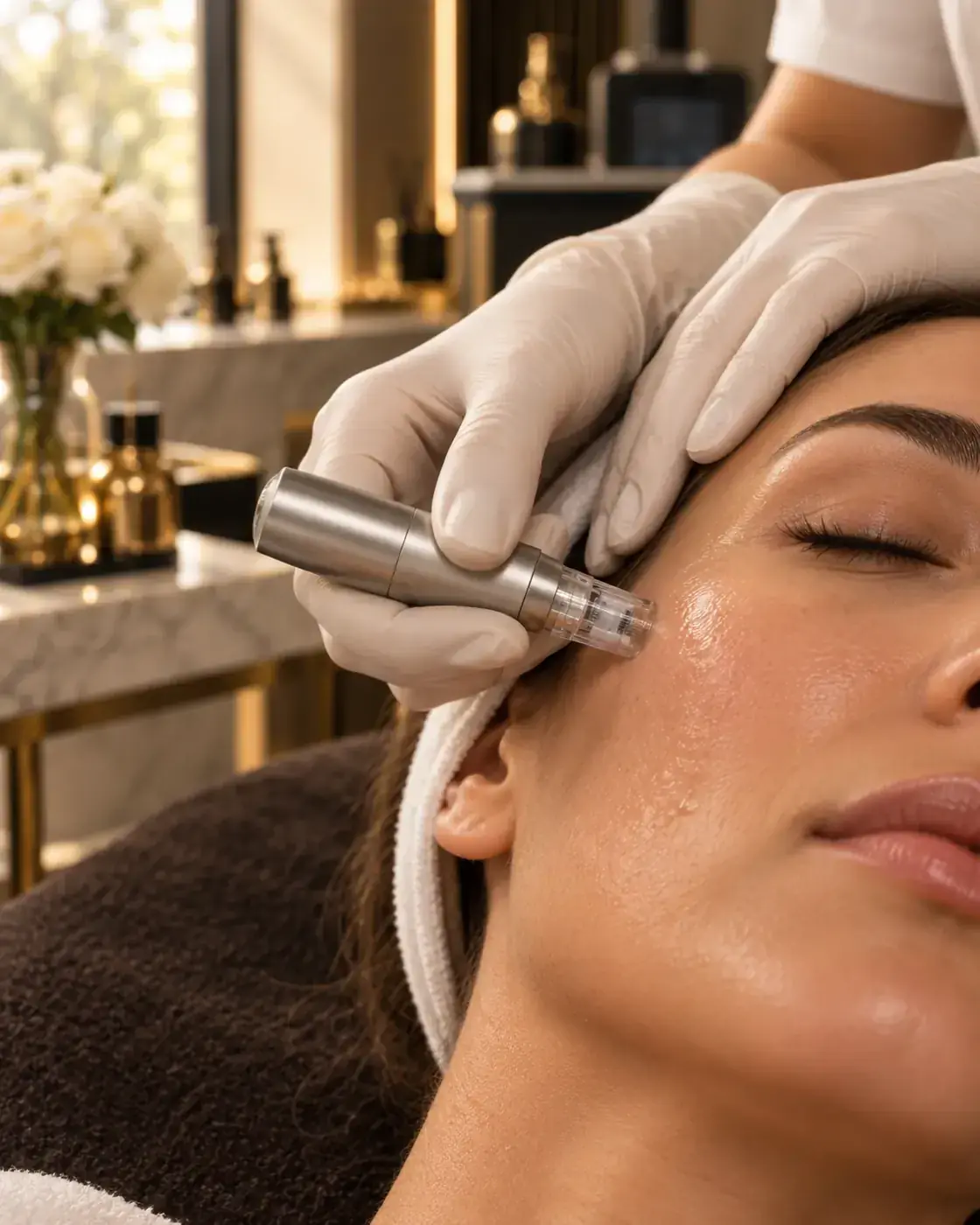 Microneedling in progress at Perfecta by Marina Stejar, North Scottsdale — a motorized microneedling pen moved across the cheek in gloved hands