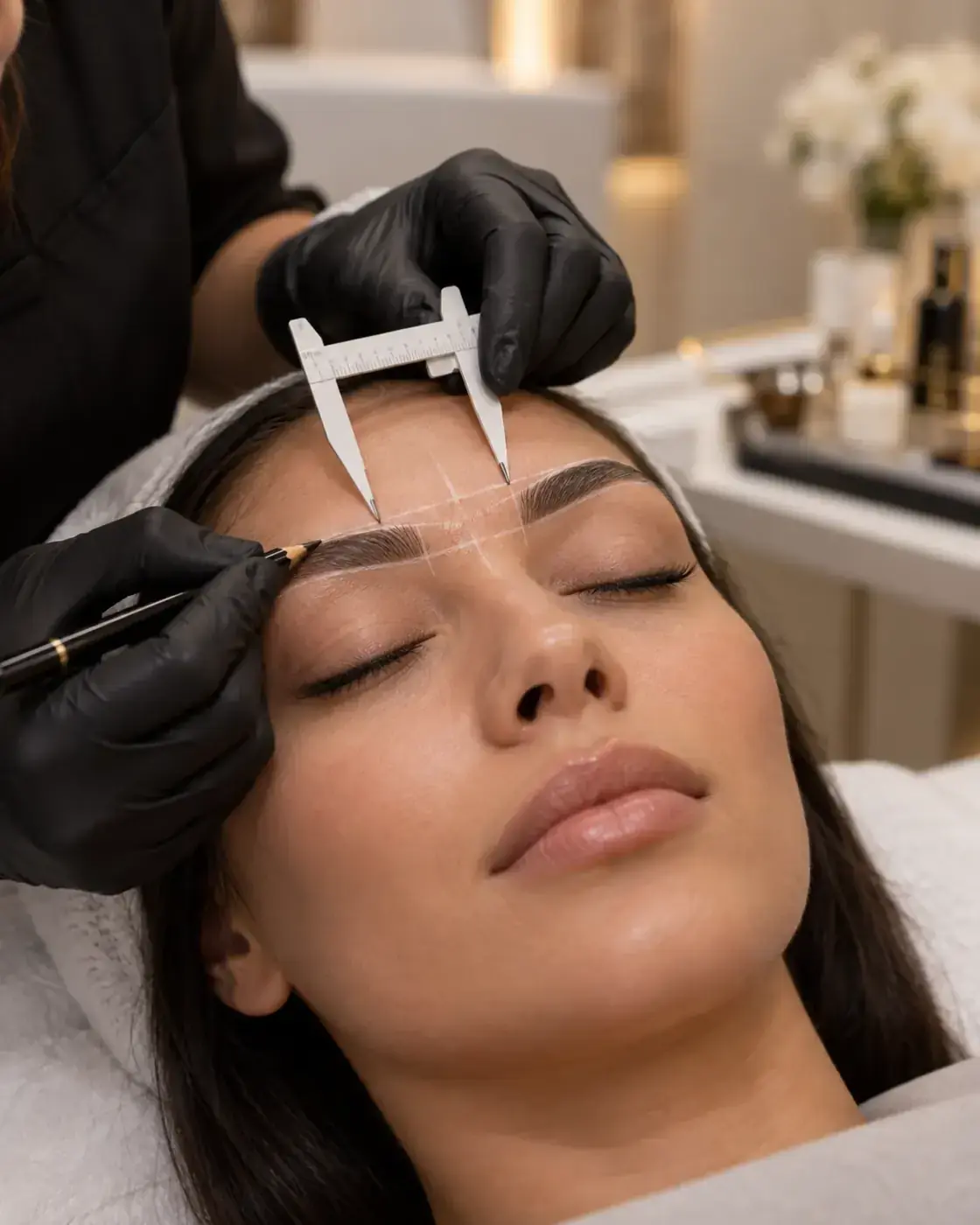 Brow being mapped with a caliper and pencil before any pigment — permanent makeup at Perfecta by Marina Stejar, Scottsdale