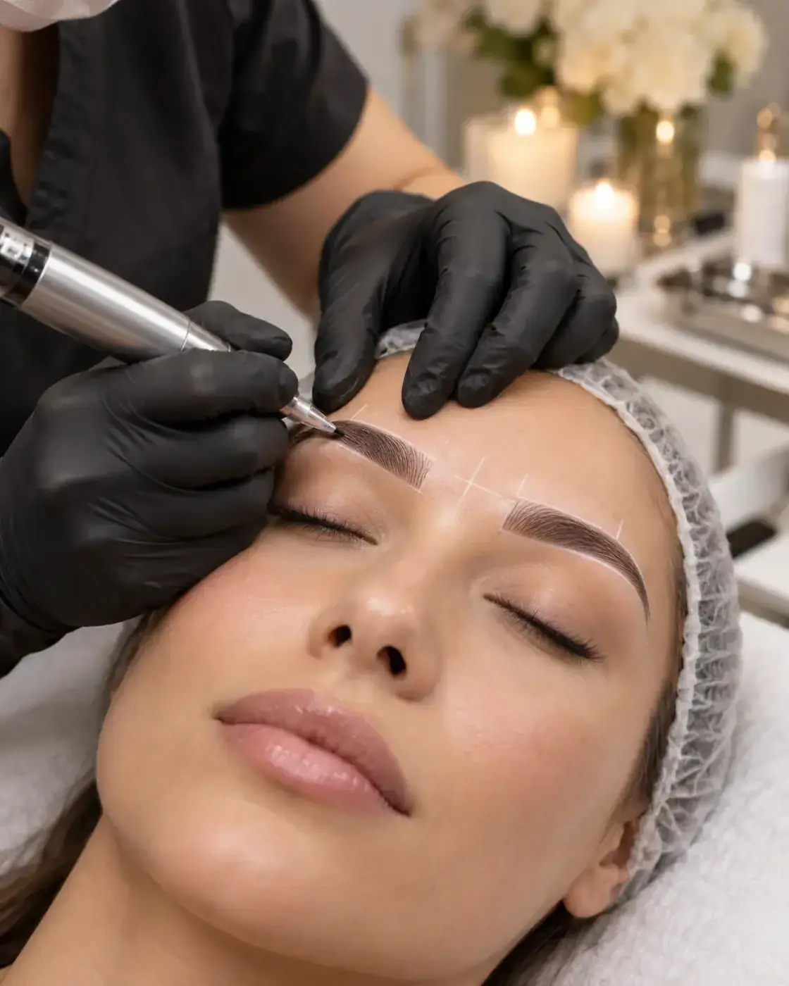 Pigment applied to a pre-mapped brow with a permanent makeup machine — Perfecta by Marina Stejar, Scottsdale