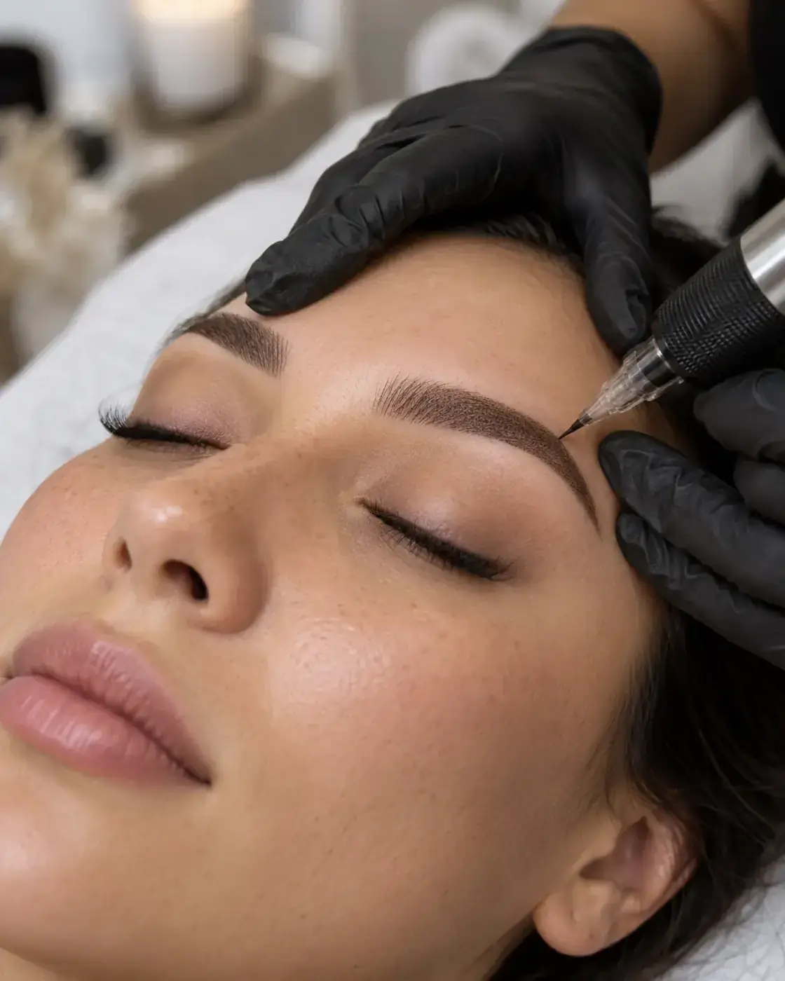 Powder-brow gradient being built in layers with a permanent makeup machine — Perfecta by Marina Stejar, Scottsdale