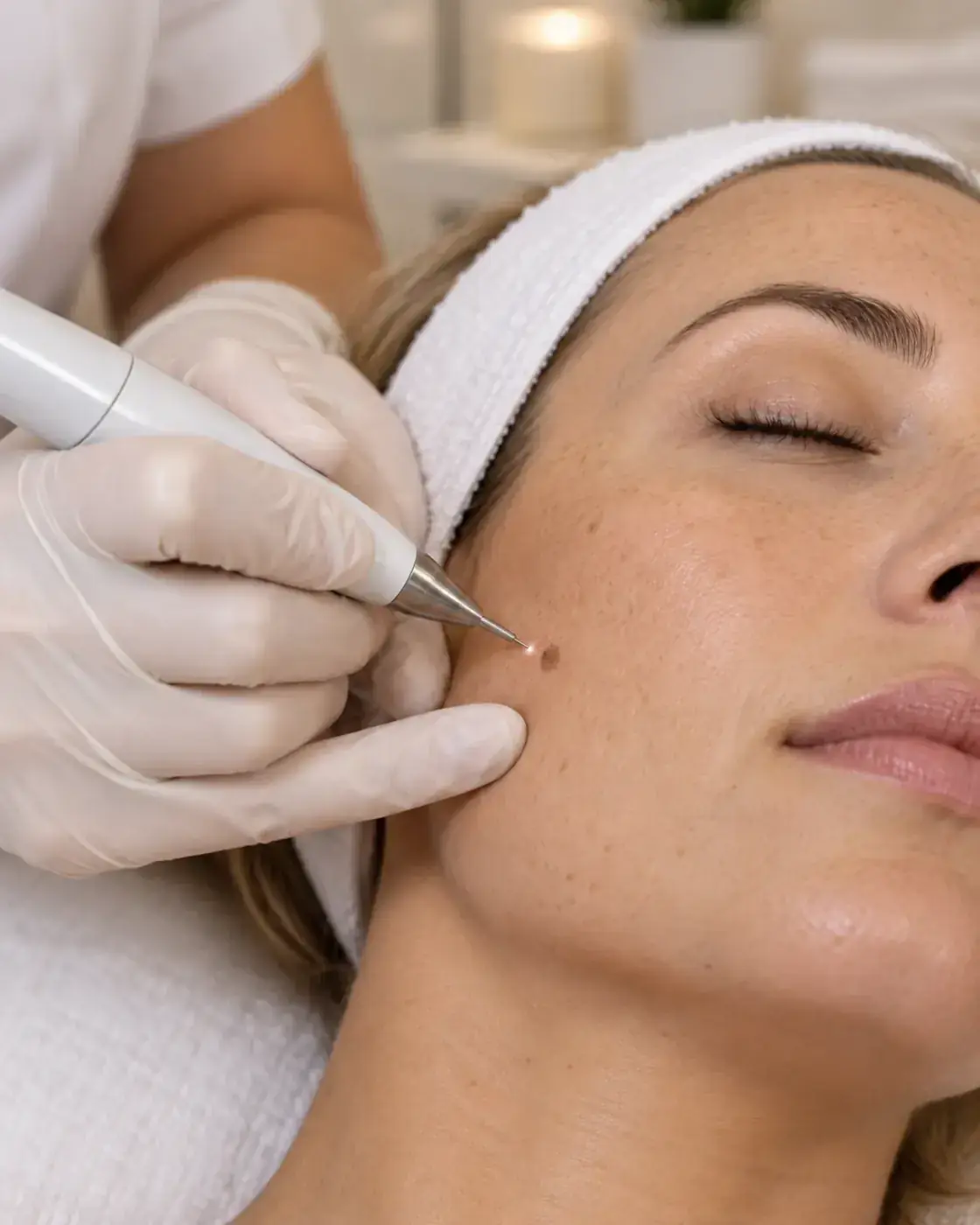 A Skin Classic treatment at Perfecta by Marina Stejar, North Scottsdale — a fine probe treating a single small surface irregularity on the cheek in gloved hands