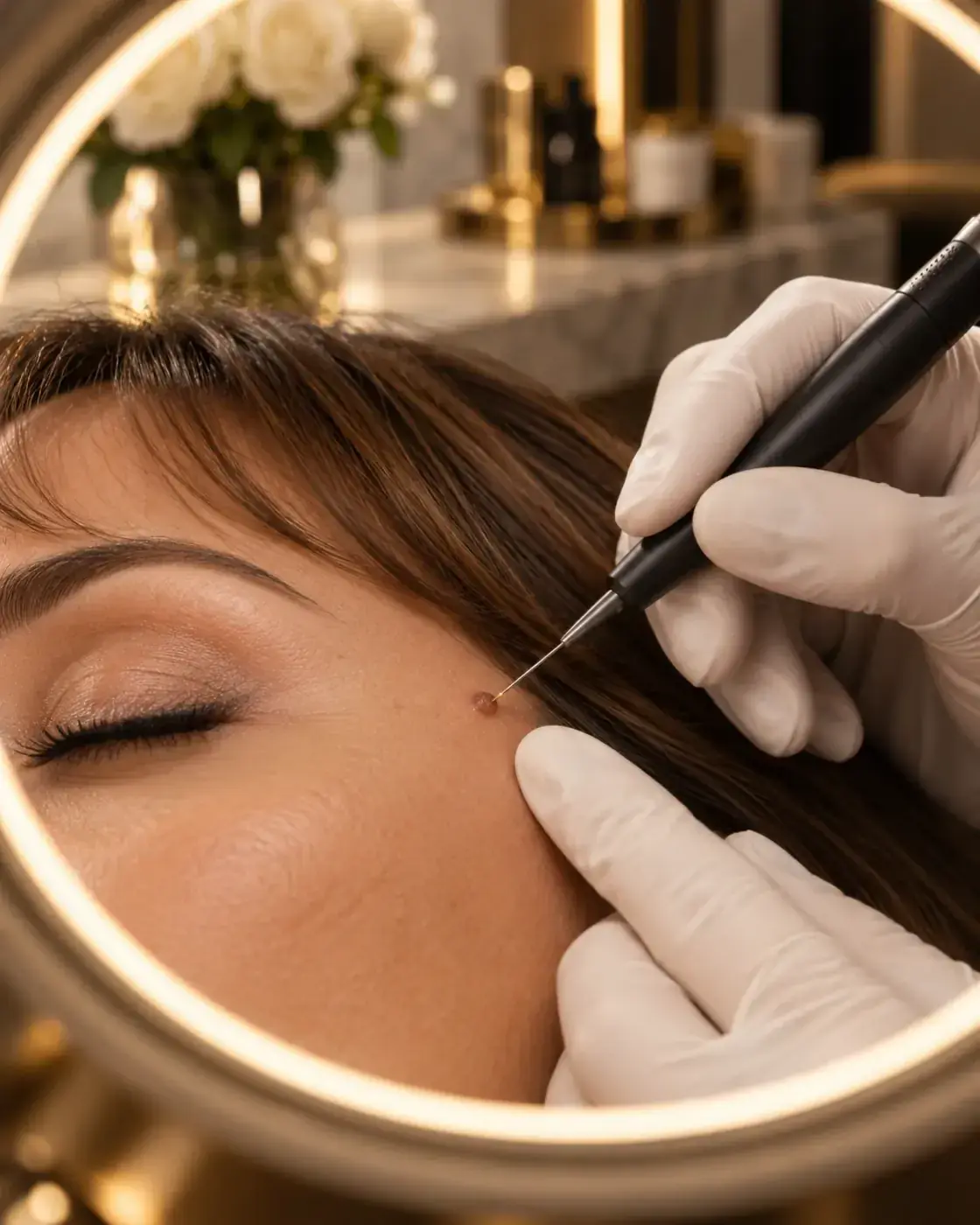 A Skin Classic treatment in progress at Perfecta by Marina Stejar, Scottsdale — a fine probe treating a small surface irregularity, seen under the glow of a magnifying ring light
