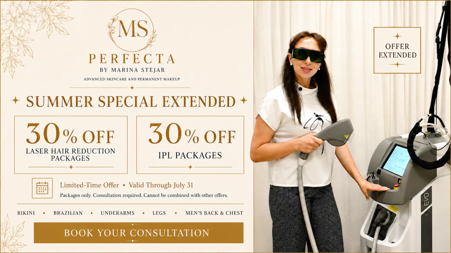 30% off laser hair reduction packages and IPL packages at Perfecta by Marina Stejar in Scottsdale